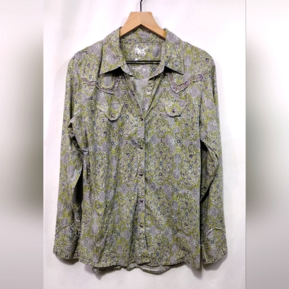 Rock 47 Abstract Snap Button Cowboy Shirt Mens L Gray Green Rodeo - Picture 1 of 8
